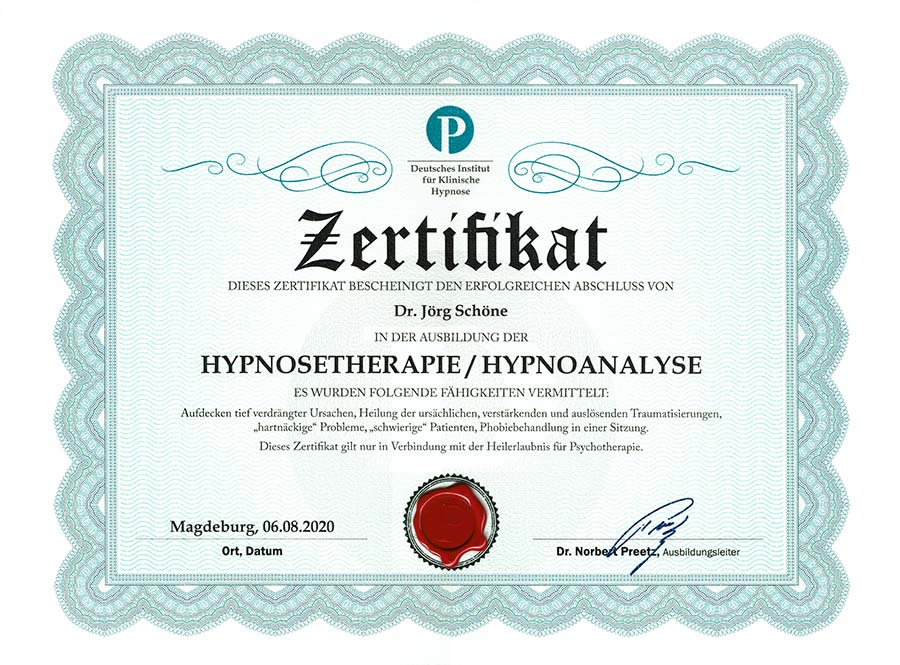 Zertifikat Hypnosetherapie/Hypnoanalsye